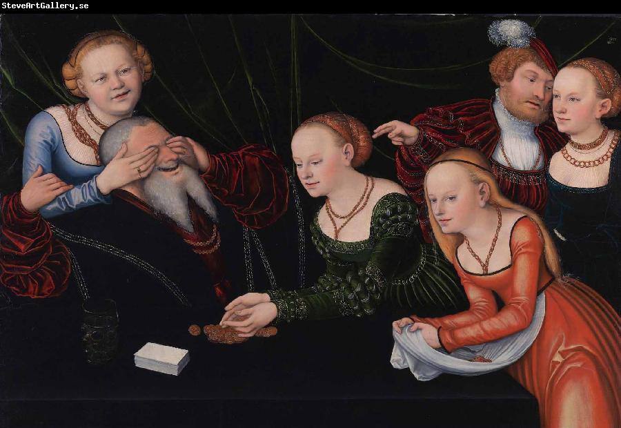 Lucas Cranach the Elder Old man beguiled by courtesans